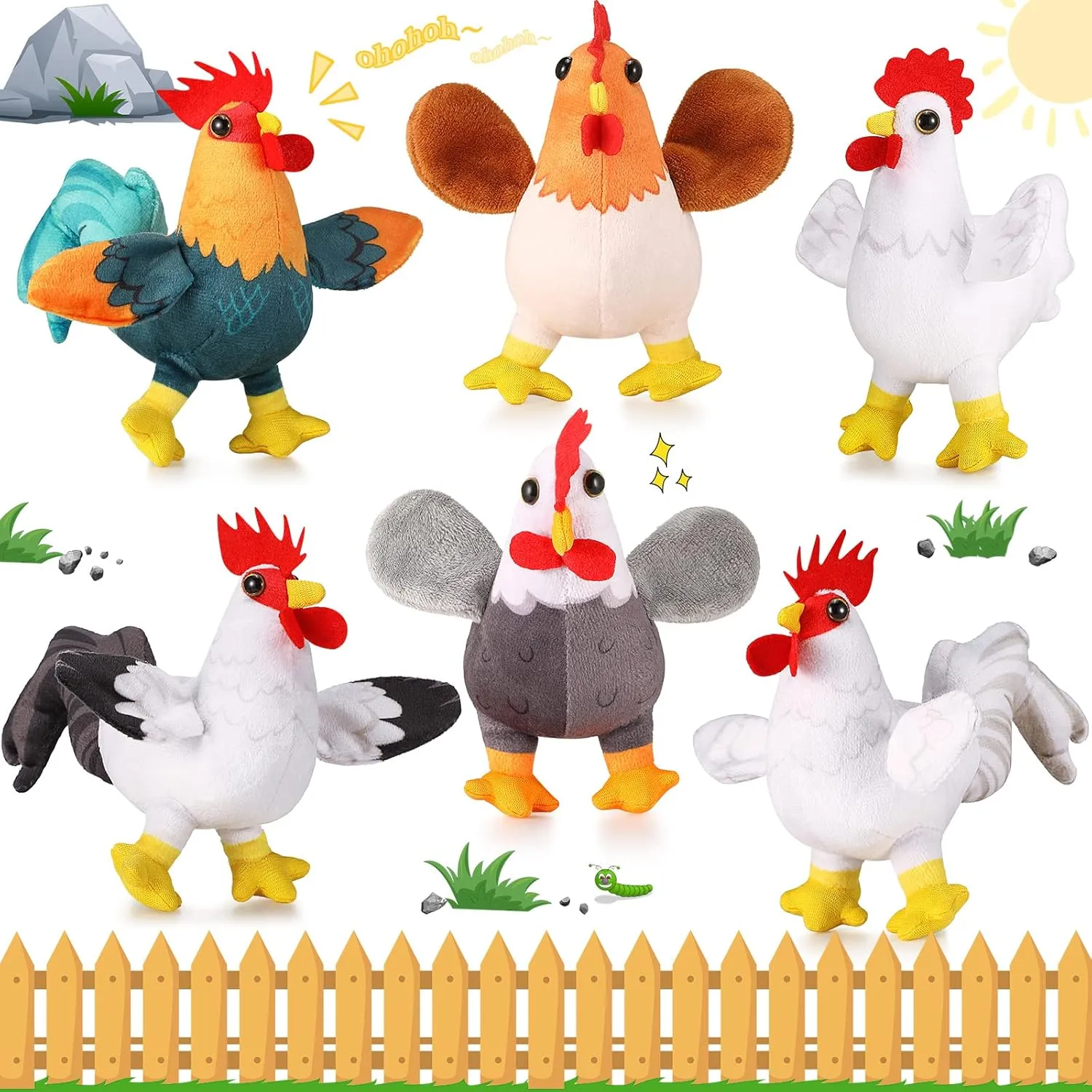 Kasyat 6 Pieces Mini Plush Furry Farm Animal Toys Soft Horse Pig Cattle Rabbit Dog Sheep Doll Stuffed Plush Farm Animals for Christmas Stocking Stuffers Birthday Party Decoration(Chicken and Rooster)