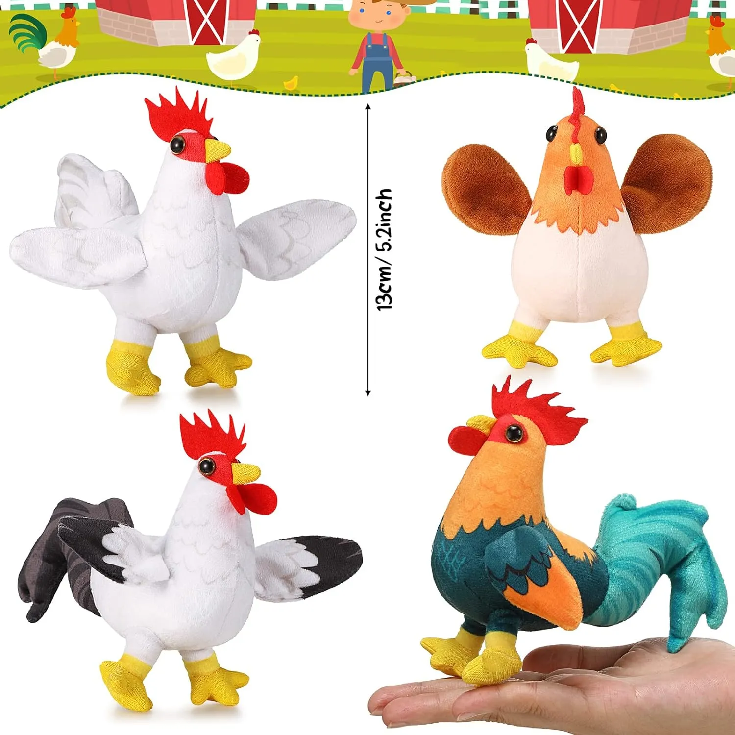 Kasyat 6 Pieces Mini Plush Furry Farm Animal Toys Soft Horse Pig Cattle Rabbit Dog Sheep Doll Stuffed Plush Farm Animals for Christmas Stocking Stuffers Birthday Party Decoration(Chicken and Rooster)