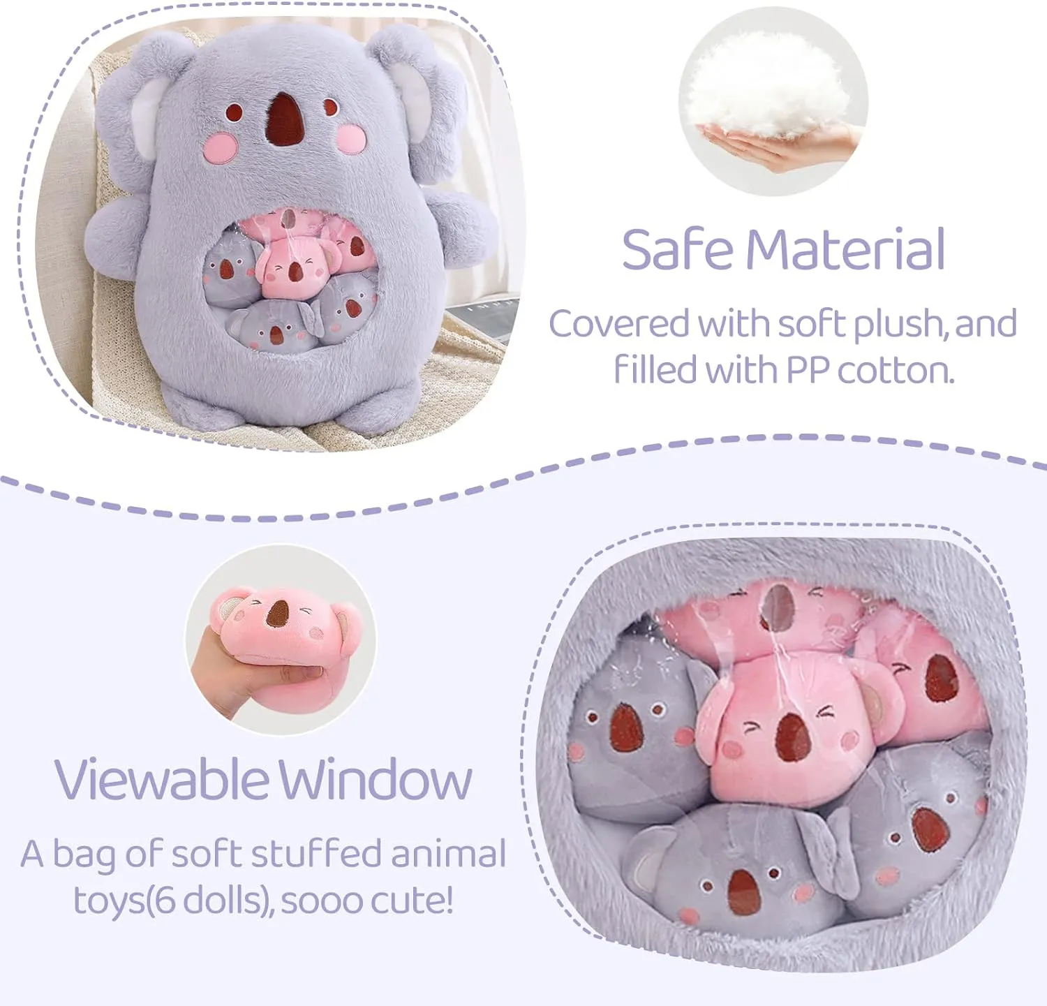Kawaii Koala Stuffed Animal Toy, Removable Plush Pillow Pet Stuff Squishy Fluffy Anime Throw Pillow, Cute Bag of Koala Dolls Kids Gifts for Girls, Sofa Chair Home Decor Pillow, 6 Koalas (Gray)