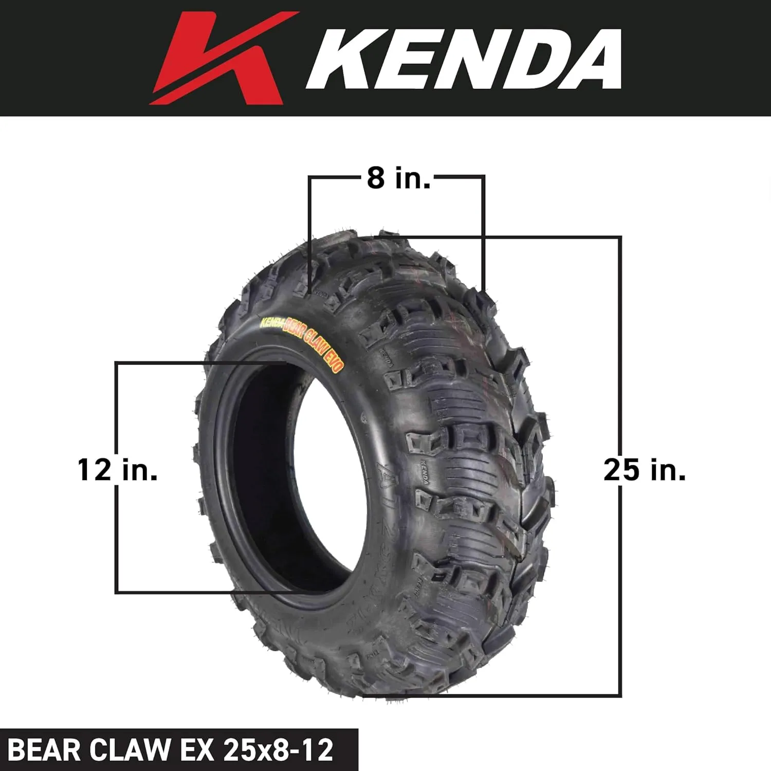Kenda Bearclaw EVO K592-25x8-12 Front and 25x10-12 Rear Tires for All Terrain (ATV), UTV, and Side by Side (SxS) Vehicles - 6-Ply - Bear Claw EVO 25x8x12 25x10x12 with Kenda Keychain (4 Pack)