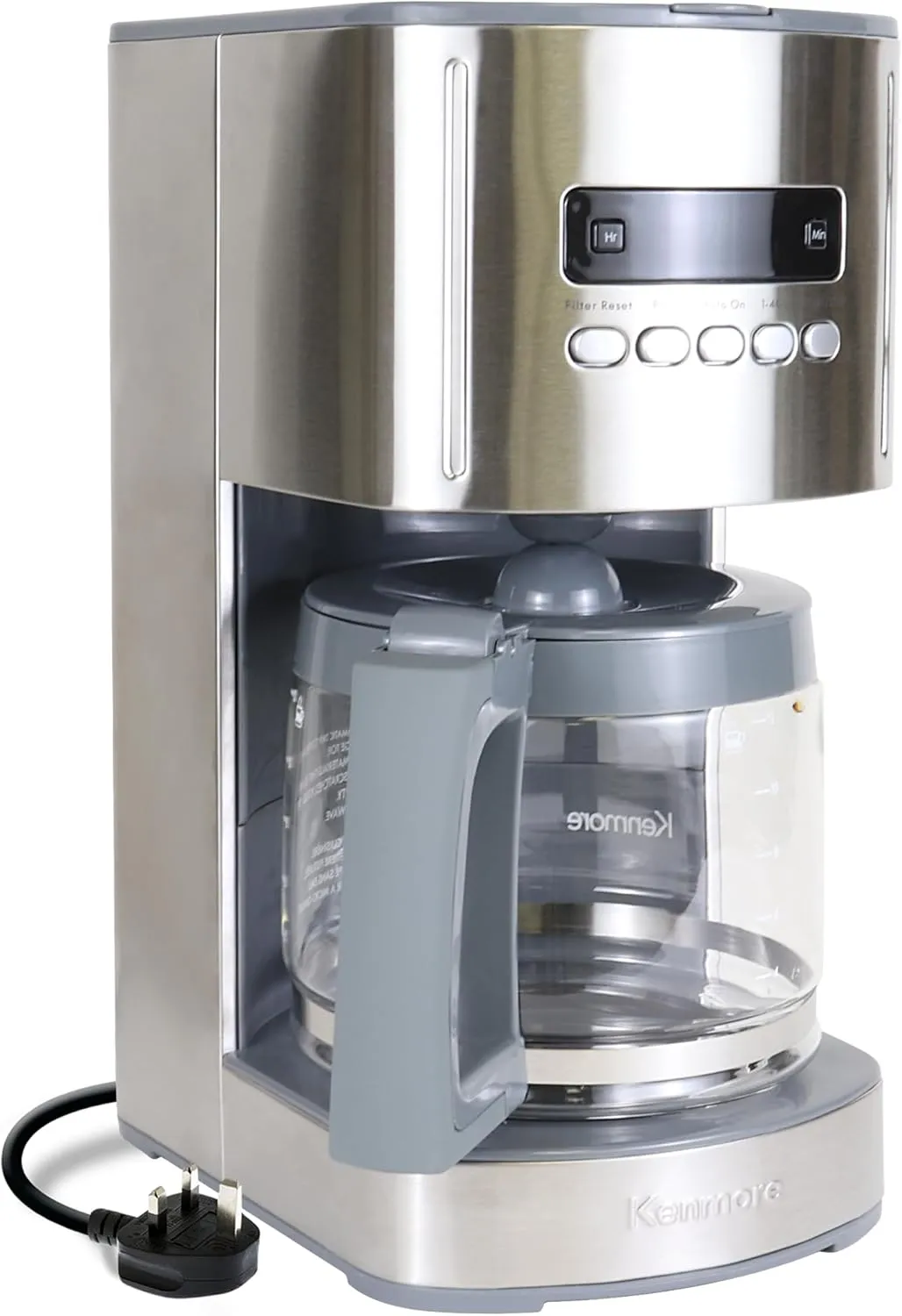 Kenmore Coffee Maker 12 cup Drip Coffee Machine Reusable Filter Programmable Timer Digital Display Aroma Control Glass Carafe Charcoal Water Filter Regular Bold Stainless Steel
