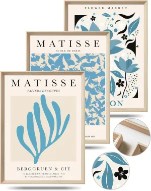 KensTro Framed Wall Art,Matisse Wood Canvas Blue Wall Art,12"x16" Cotton Pattern Vintage Poster Wall Decor Aesthetic for Living Room Bedroom,12x16in Henri Matisse Minimalist Wood Frame Prints,Set of 3