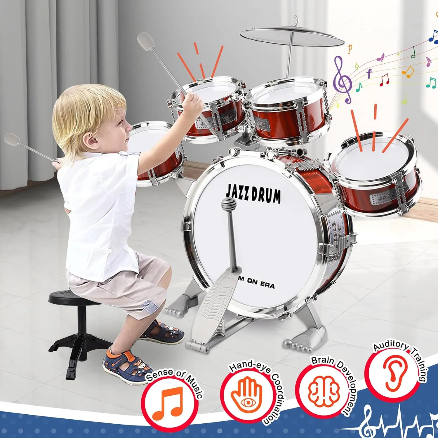 Kid Drum Set for Toddlers 1-3, Jazz Drum Set for Kids Age 3-5 with 5 Drums & Stool Musical Instruments Toy, Christmas / Birthday Gift for 1-3 4 5 Year Old Boys Girls