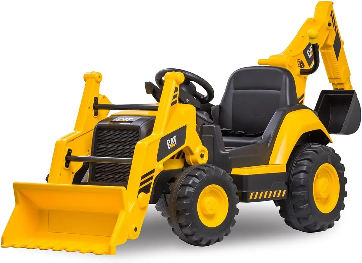 Kid Trax 12V CAT Backhoe Loader - Ride On Excavator Construction Toys for Boys w/Realistic Sounds, 2.5-5 mph Mini Bulldozer, Indoor/Outdoor Tractor Toys, Sturdy Toy Cars for Toddlers 3-6, Up to 66lbs
