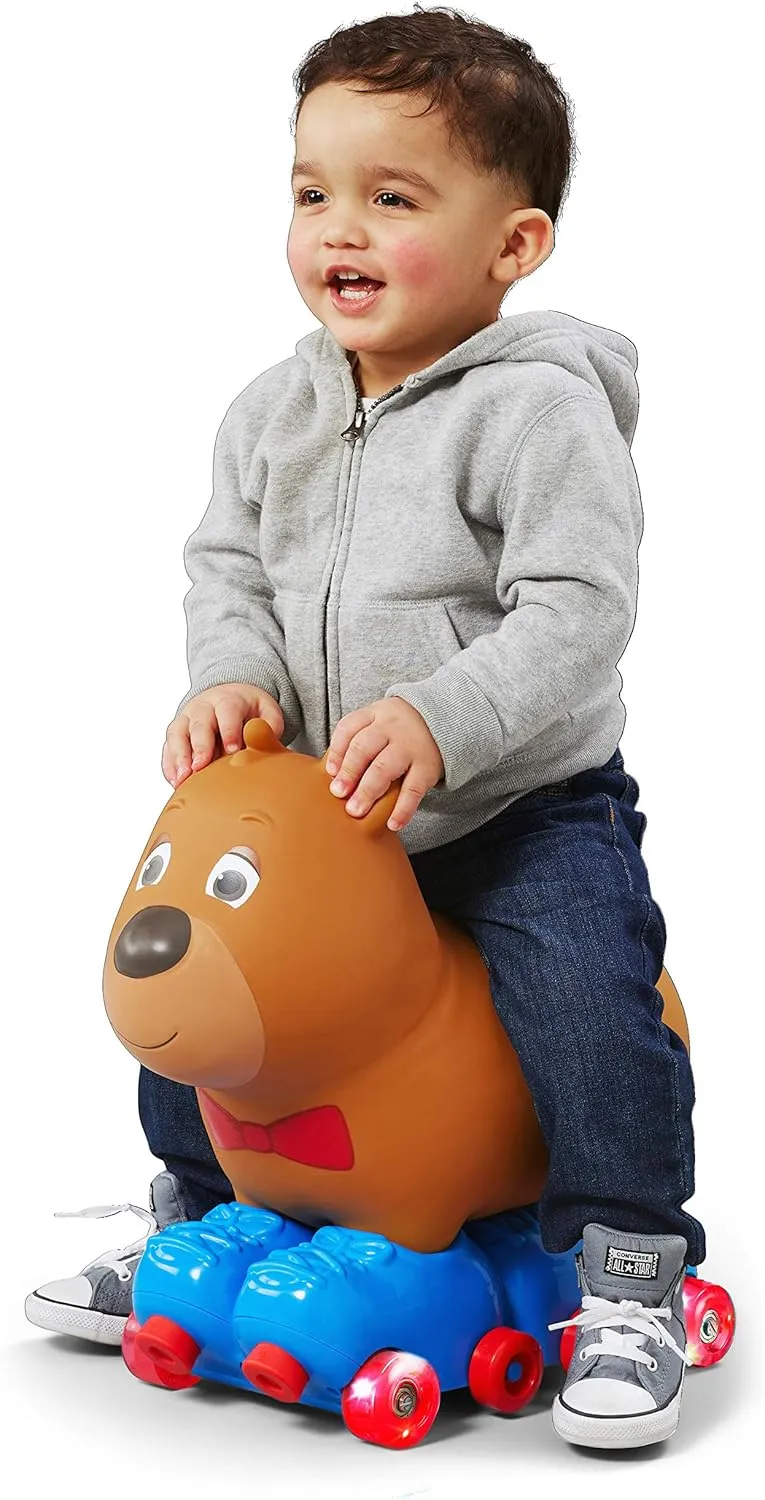 Kid Trax Silly Skaters Bear Toddler Foot to Floor Ride On Toy, Kids 1-3 Years Old, Soft and Inflatable, Single Rider, Light Up LED Rollerskates, Brown
