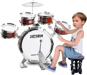 Kids 9 Piece Drum Set - Toddler Musical Instruments Kit With Stool, Bass, Cymbal, 2 Sticks and 4 Small Drums - Jazz Kit Toys for 3-5 Year Old Boys Girls Gifts (Red)