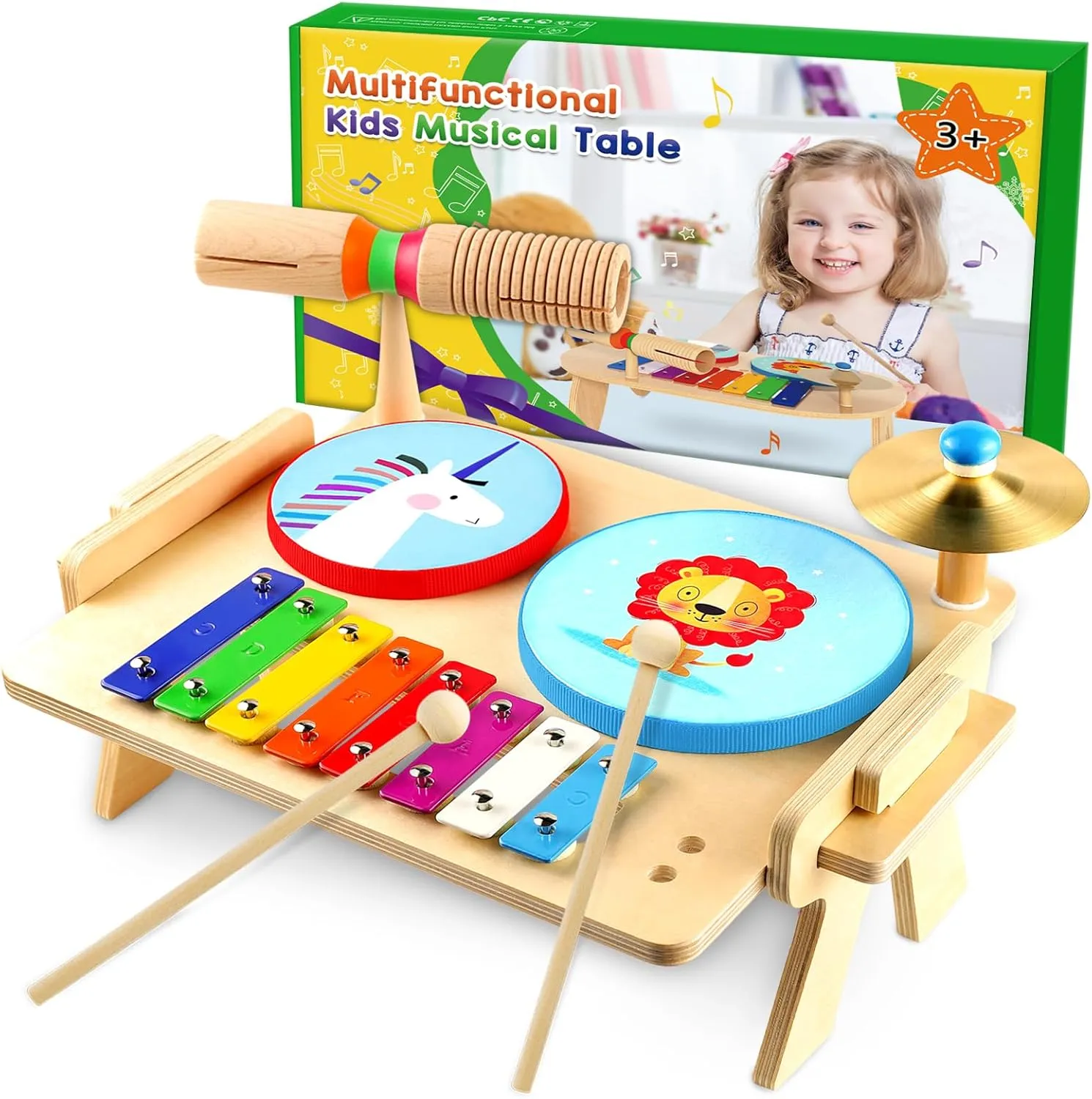 Kids Drum Set, Baby Musical Instruments Toys for Toddlers, 7 in 1 Wooden Xylophone Toddler Drum Set Percussion Instruments Musical Toys Birthday Gifts for Children Boys and Girls