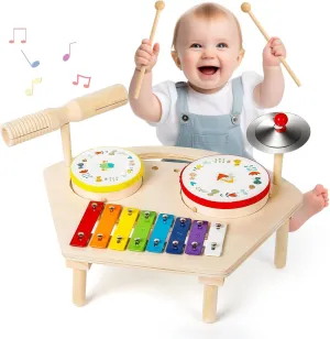 Kids Drum Set for Toddlers 1-3, Baby Preschool Musical Toys 7 in 1 Montessori Instruments Set Wooden Music Toy Baby Drum Kit Xylophone Birthday Gifts for Boys Girls