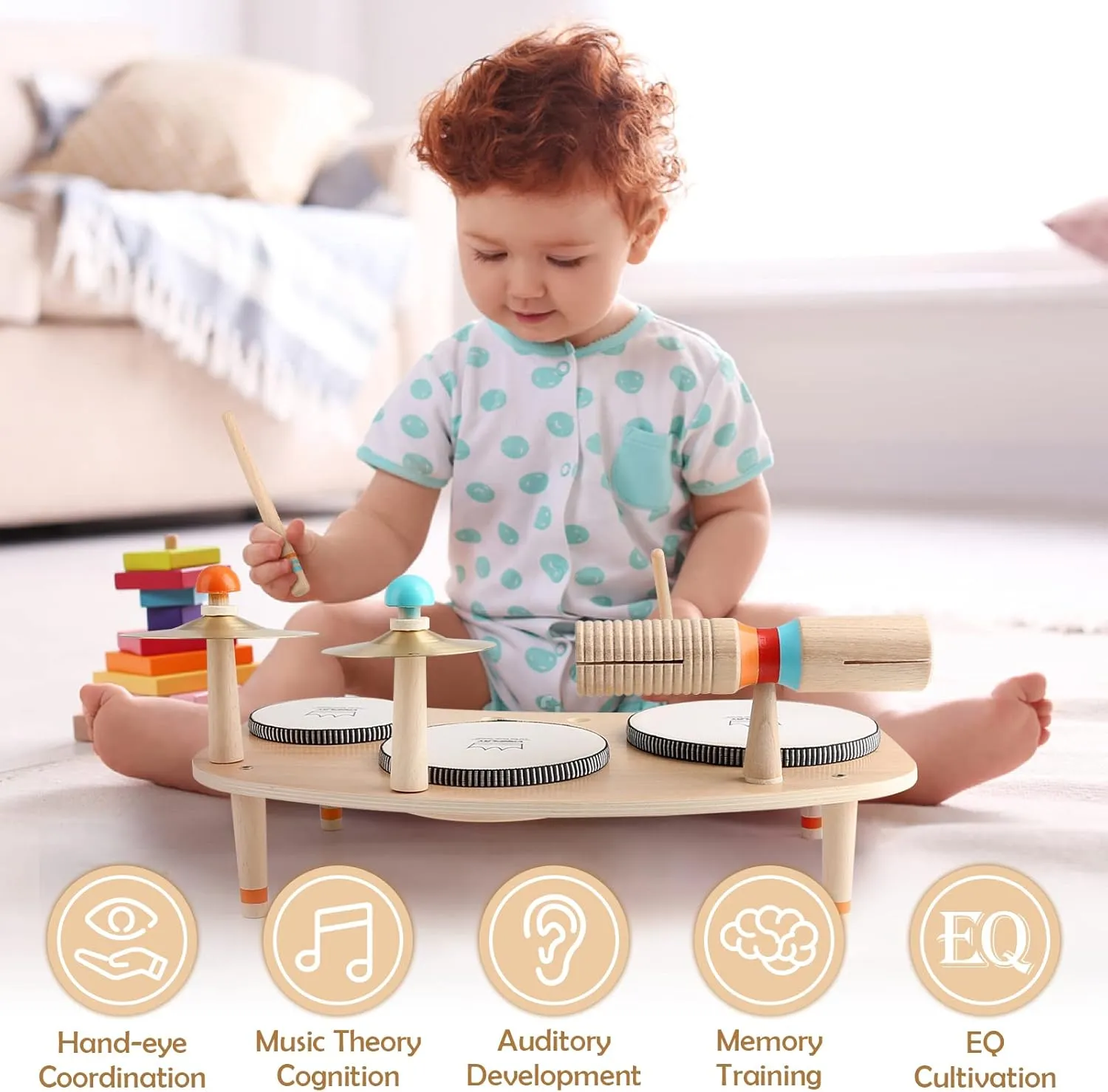 Kids Drum Set for Toddlers 3 , 8 in 1 Montessori Musical Instruments - Wooden Musical Toys for Baby Easter Christmas Birthday Gifts for Preschool Learning Music for Boys Girls Age 3 4 5 6