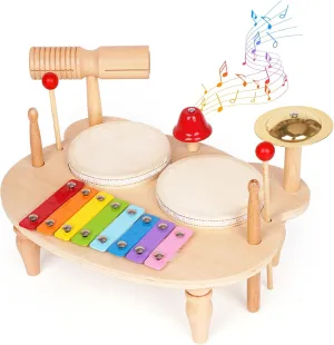 Kids Drum Set for Toddlers Baby Montessori Music Instruments Toy Wooden Xylophone Music Toy Kit Musical Table Natural Educational Percussion Drumming Xylophone Sensory Toys for Kids