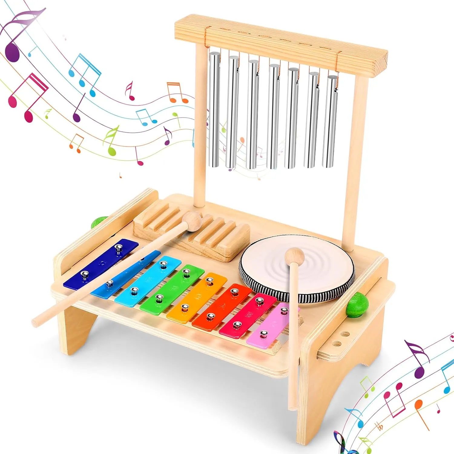 Kids Drum Set for Toddlers, Baby Montessori Musical Instruments Toys, Toddler Wooden Xylophone Musical Toys Birthday for Children Boys and Girls
