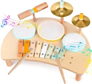 Kids Drum Set, Montessori Musical Instruments for Toddlers 1-3, Wooden Musical Toys for Baby 12-18 Months, Preschool Educational Xylophone Drum Kit, Birthday Gift for Boys Girls Ages 3 