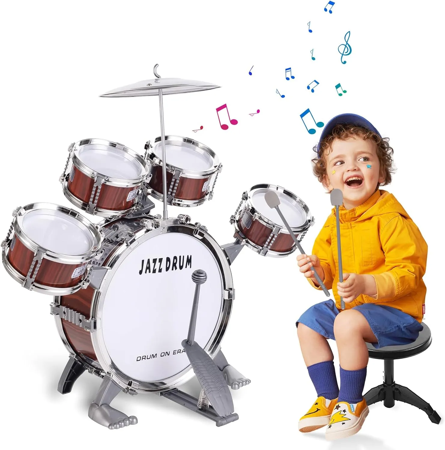 Kids Drum Set,Toddler Jazz Drum Kit with Stool Pedal Percussion Musical Instruments Toy Early Education Christmas Birthday Gift Toys for 3 4 5 6 Year Old Girls Boys (Red Woodgrain)