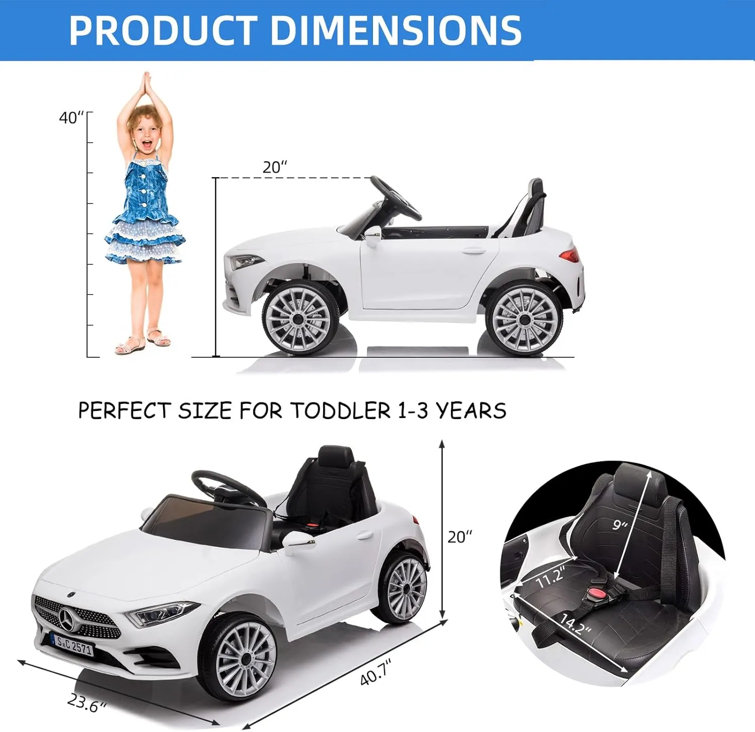 Kids Electric Ride on Car with Remote Control, 12V Licensed Mercedes Benz Kids Car Battery Powered Electric Vehicles Toy Car, Adjustable Speed, Safety Belt, Music&LED Lights (White)