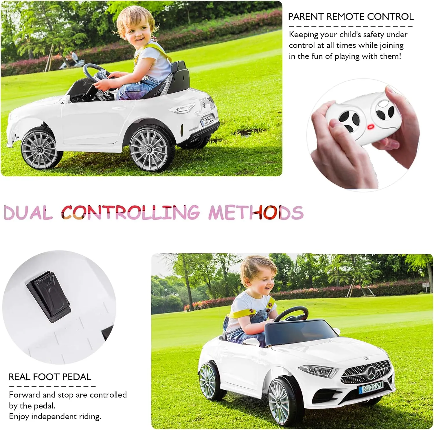 Kids Electric Ride on Car with Remote Control, 12V Licensed Mercedes Benz Kids Car Battery Powered Electric Vehicles Toy Car, Adjustable Speed, Safety Belt, Music&LED Lights (White)