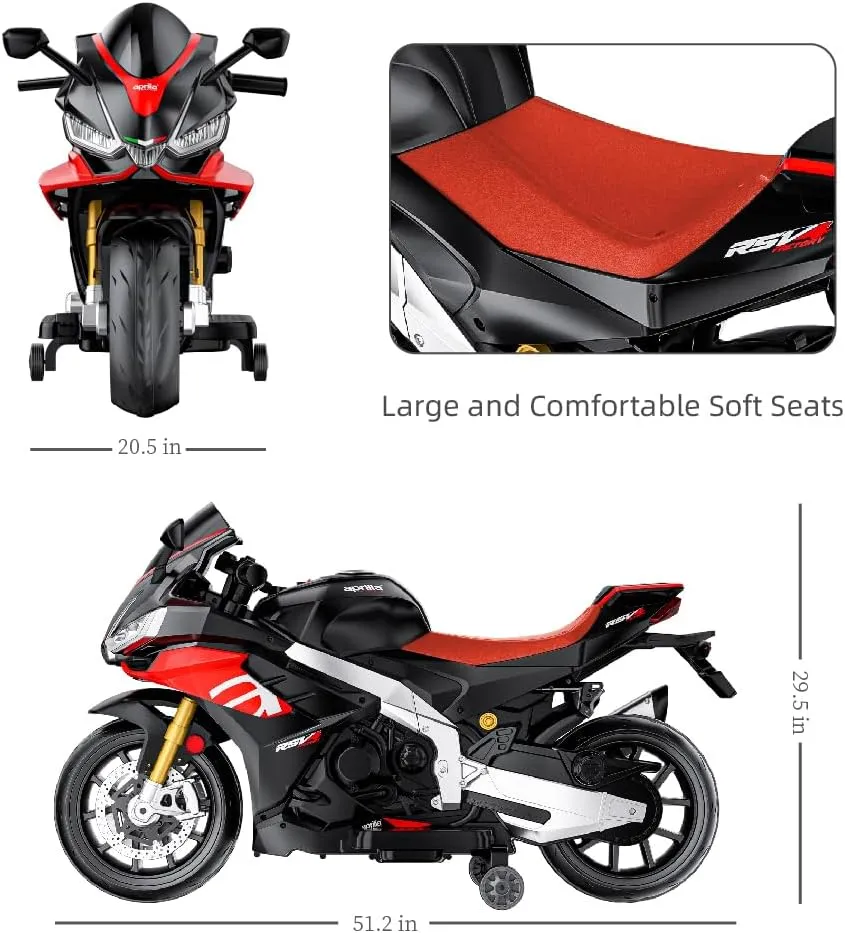 Kids Motorcycle,24V Battery Powered Eletric Ride on Motorcycle for Boys 3-6, Brushless Motor,Kids Electirc Bikes,Aprilia Licensed,with Bluetooth & MP3 (Black, 24V)