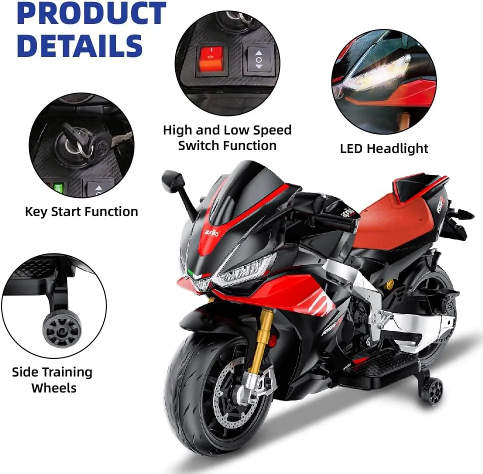 Kids Motorcycle,24V Battery Powered Eletric Ride on Motorcycle for Boys 3-6, Brushless Motor,Kids Electirc Bikes,Aprilia Licensed,with Bluetooth & MP3 (Black, 24V)