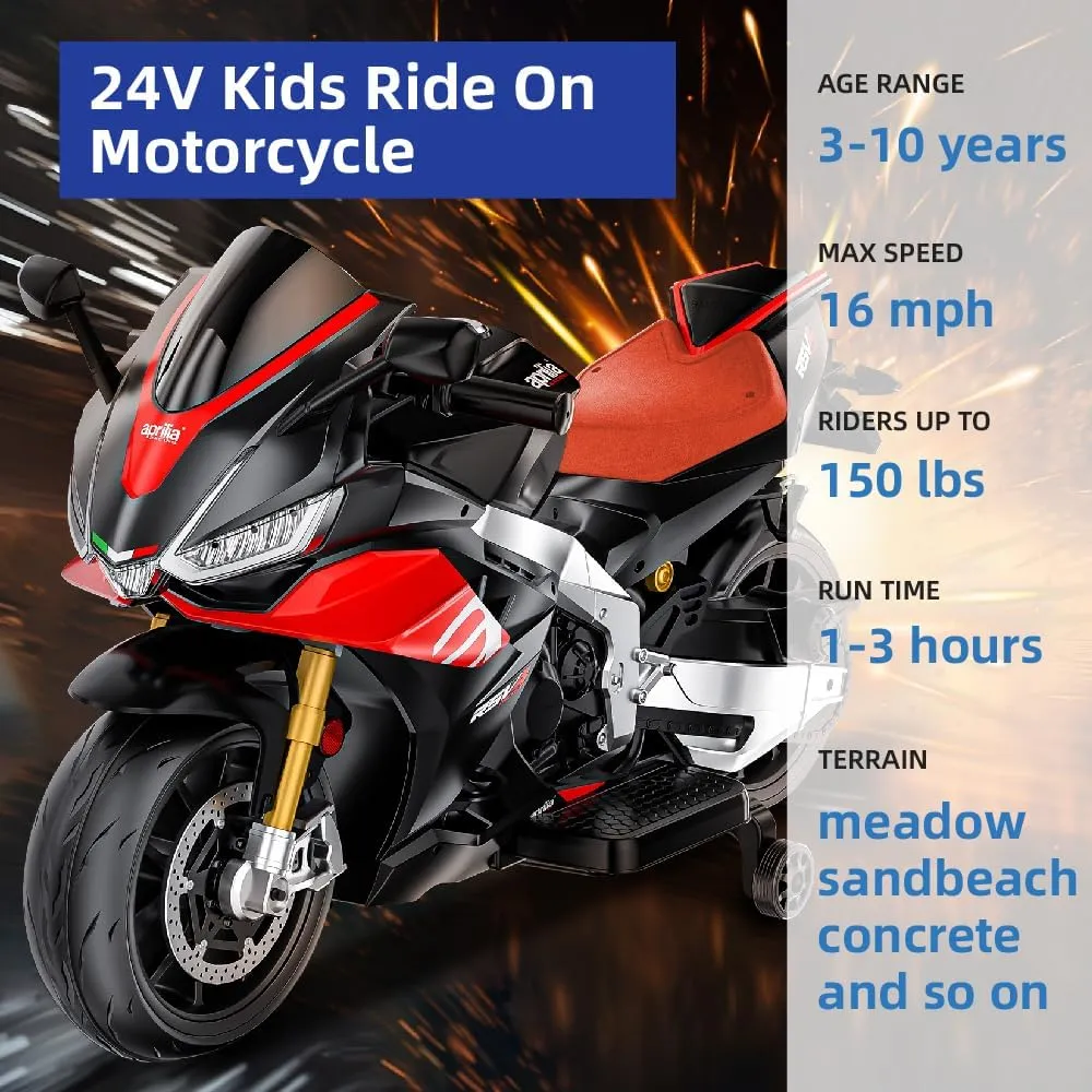Kids Motorcycle,24V Battery Powered Eletric Ride on Motorcycle for Boys 3-6, Brushless Motor,Kids Electirc Bikes,Aprilia Licensed,with Bluetooth & MP3 (Black, 24V)