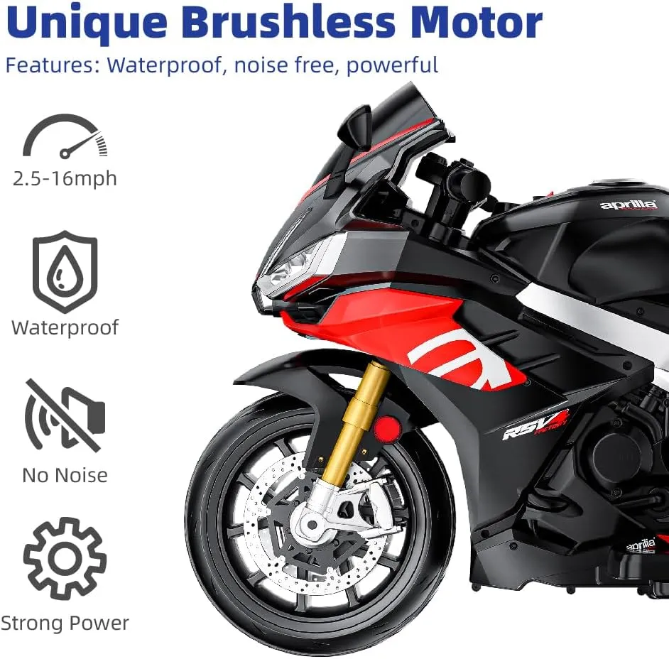 Kids Motorcycle,24V Battery Powered Eletric Ride on Motorcycle for Boys 3-6, Brushless Motor,Kids Electirc Bikes,Aprilia Licensed,with Bluetooth & MP3 (Black, 24V)