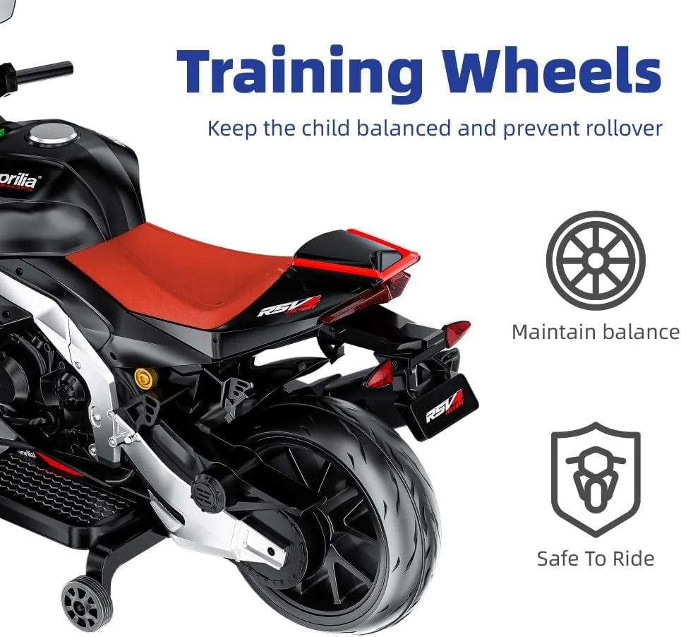Kids Motorcycle,24V Battery Powered Eletric Ride on Motorcycle for Boys 3-6, Brushless Motor,Kids Electirc Bikes,Aprilia Licensed,with Bluetooth & MP3 (Black, 24V)
