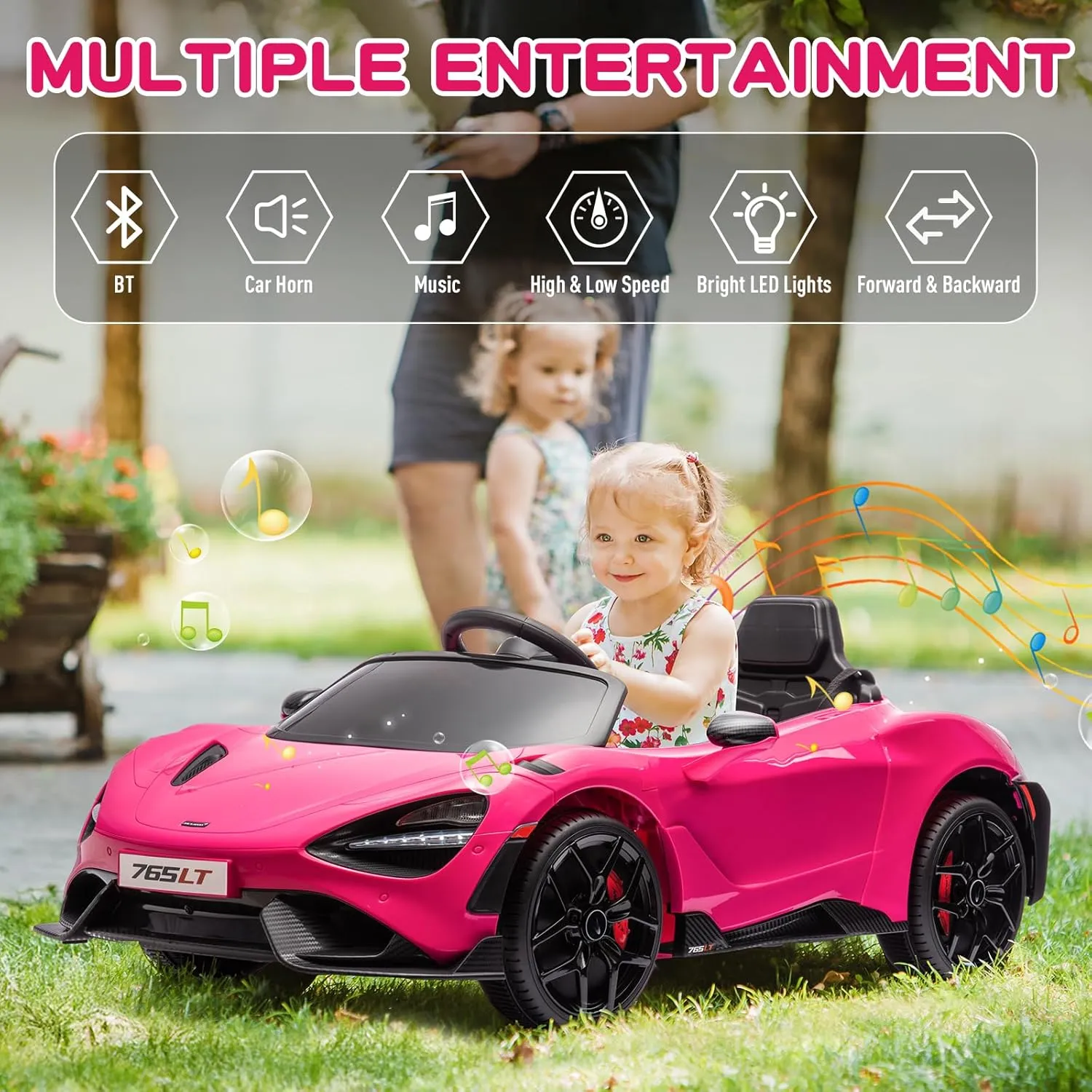Kids Ride-on Car Licensed McLaren765LT for 3-6Years Old, Electric car 12V Battery Powered Electric Vehicle, w/Parent Remote, Music Player, LED Lights, Smooth Start, 3 Speeds, Pink