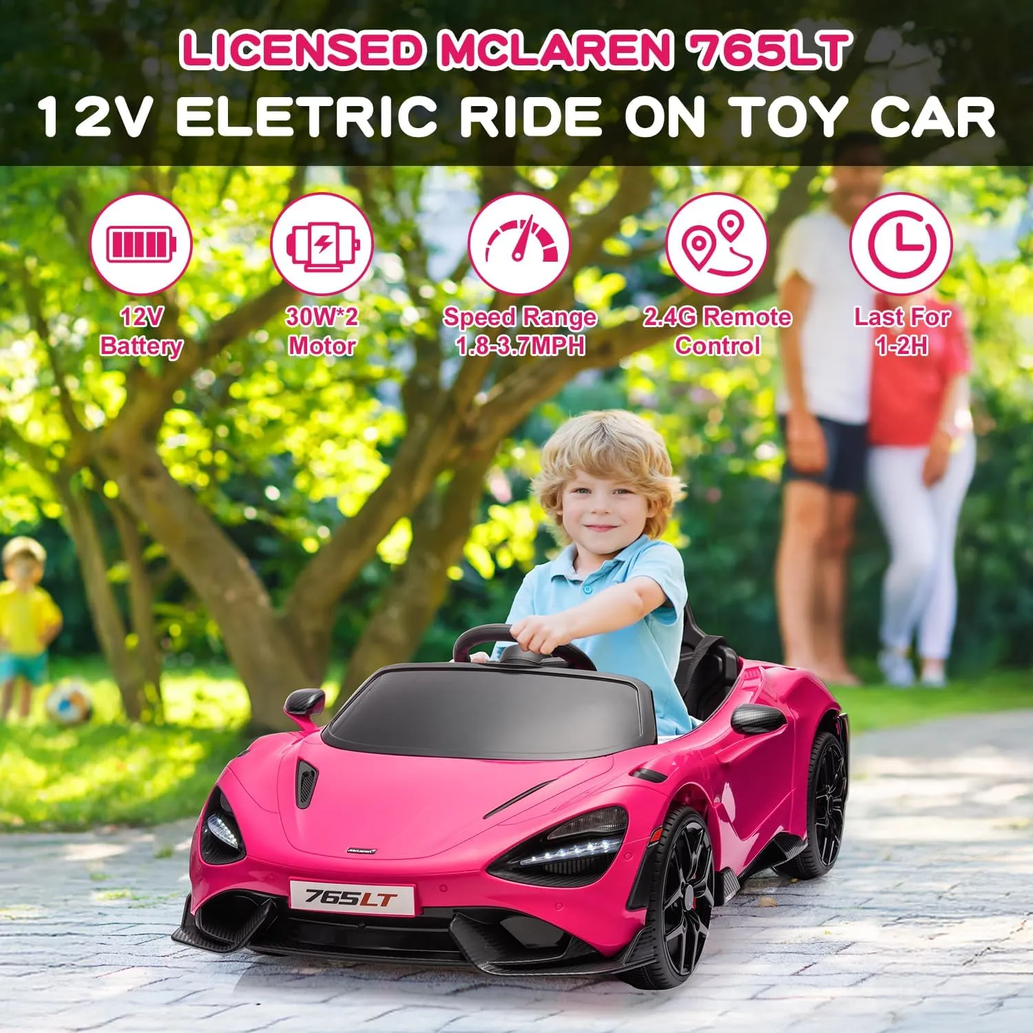 Kids Ride-on Car Licensed McLaren765LT for 3-6Years Old, Electric car 12V Battery Powered Electric Vehicle, w/Parent Remote, Music Player, LED Lights, Smooth Start, 3 Speeds, Pink