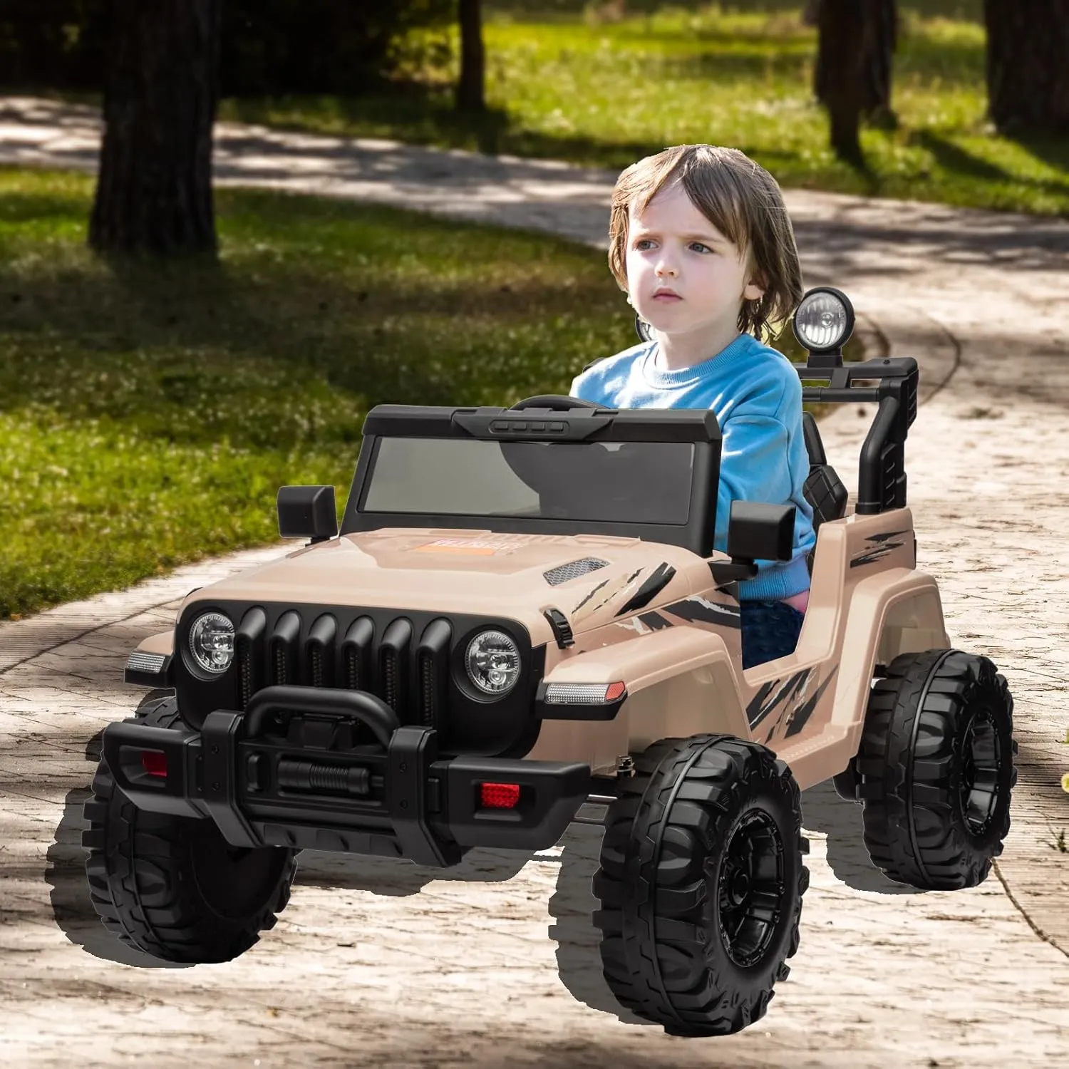 Kids Ride on Car with Remote Control, 24V Battery Powered Electric Cars, Ride on Toy for Big Kids w/Battery Display, LED Lights, Safety Belt, Music & Horn, Bluetooth, Khaki