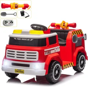 Kids Ride on Fire Truck 12V7AH Battery Powered Car Toy with Flashing Lights, Parent Remote Control Electric Car with Fire Gun, Shovel, Loudspeaker, Music Player, Power Display, Red