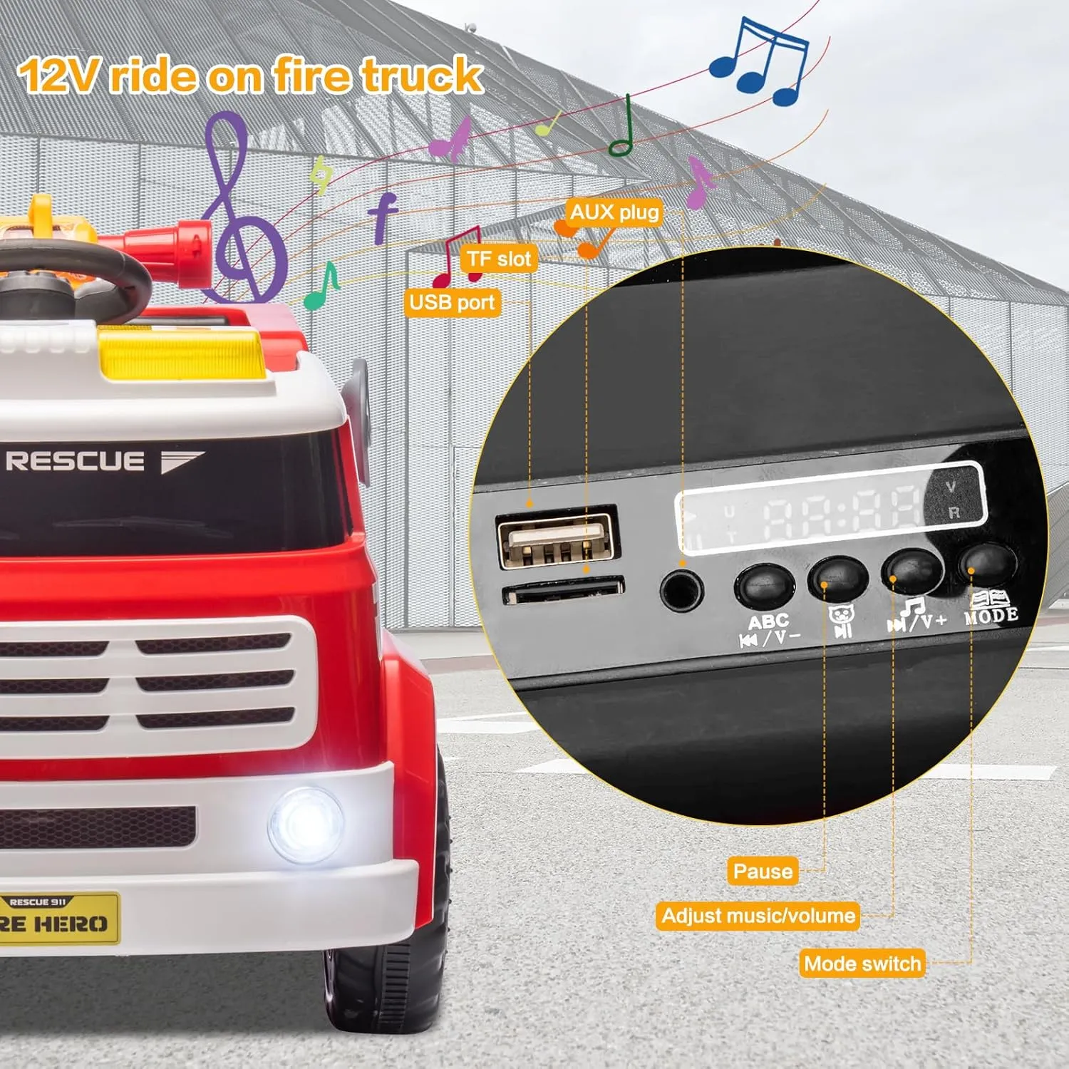 Kids Ride on Fire Truck 12V7AH Battery Powered Car Toy with Flashing Lights, Parent Remote Control Electric Car with Fire Gun, Shovel, Loudspeaker, Music Player, Power Display, Red