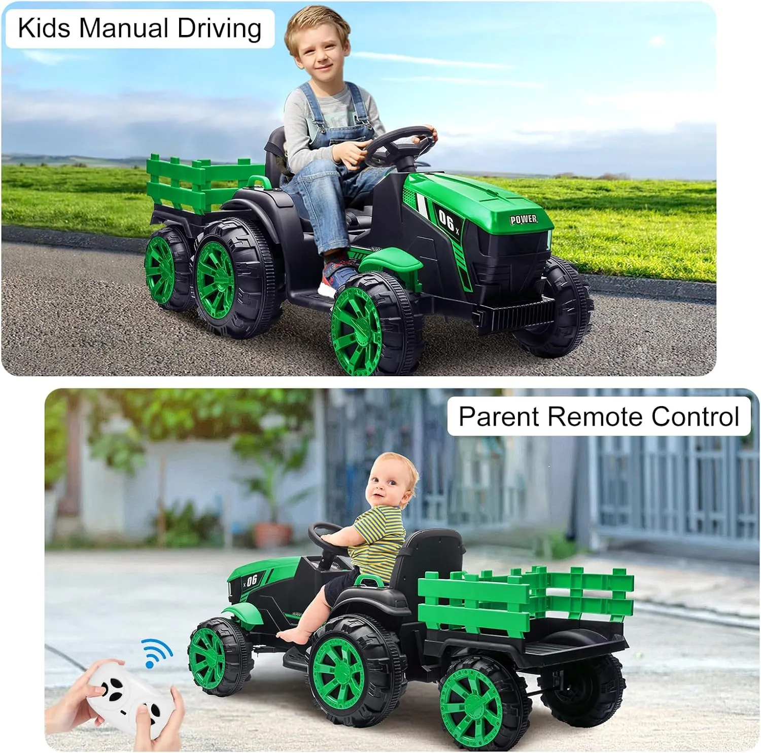 Kids Ride On Tractor with Remote Control, 12V 7AH Battery Powered Electric Tractor with Detachable Trailer, Dual 35W Motors/Safety Belt/LED Lights, Electric Vehicles for Boys Girls, Green
