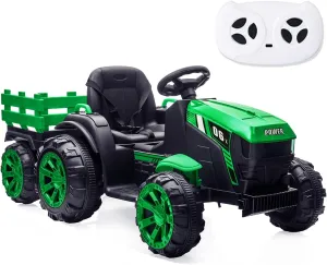 Kids Ride On Tractor with Remote Control, 12V 7AH Battery Powered Electric Tractor with Detachable Trailer, Dual 35W Motors/Safety Belt/LED Lights, Electric Vehicles for Boys Girls, Green