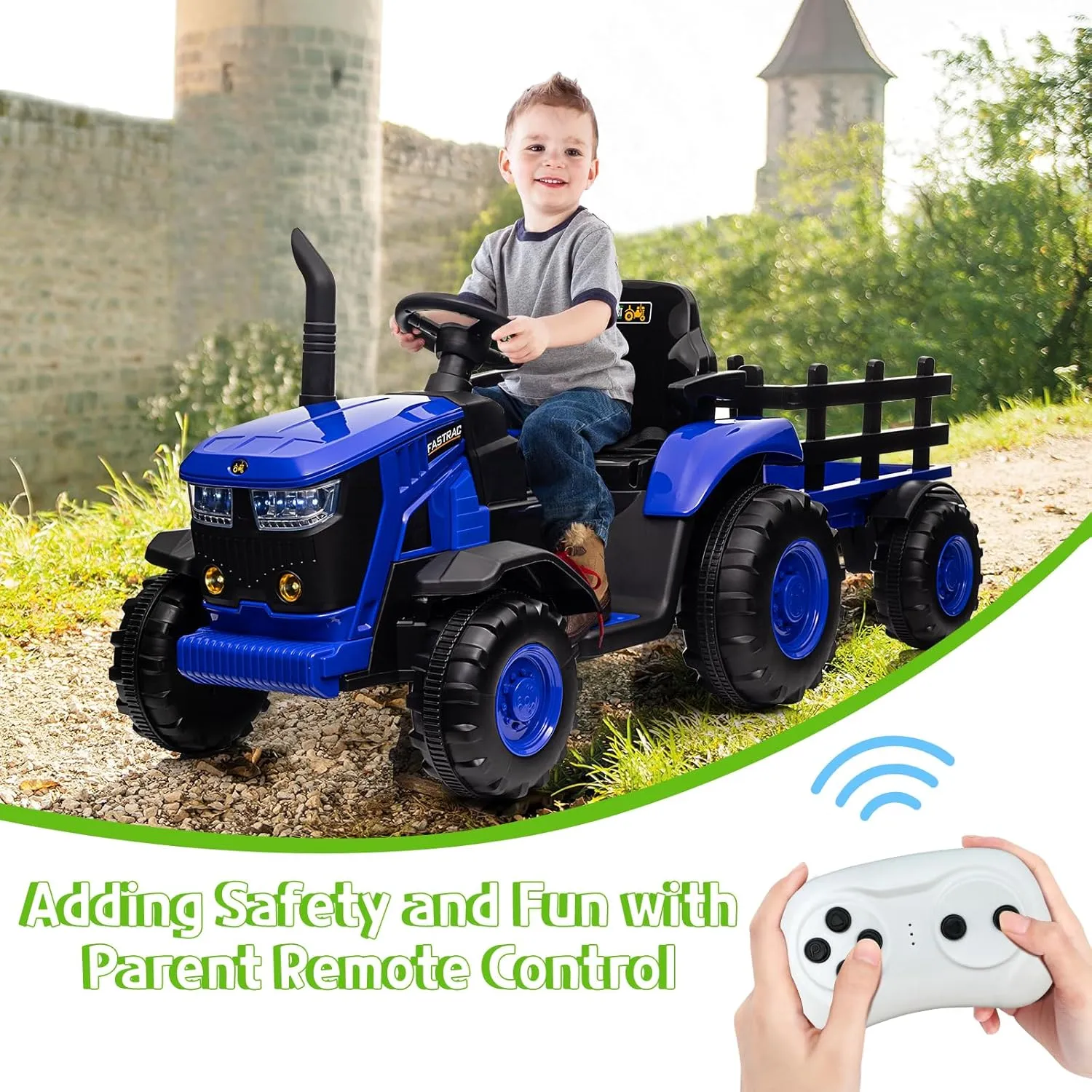 Kids Ride on Tractor with Remote Control, 12V Battery Powered Electric Tractor and 35W Dual Motors for Kids Bluetooth Music/USB, 3-Gear-Shift, Safety Belt, 7-LED Lights, Blue