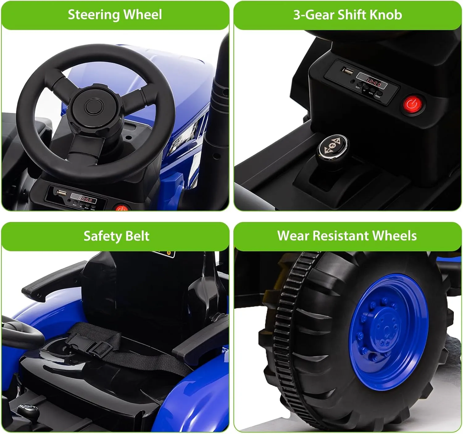 Kids Ride on Tractor with Remote Control, 12V Battery Powered Electric Tractor and 35W Dual Motors for Kids Bluetooth Music/USB, 3-Gear-Shift, Safety Belt, 7-LED Lights, Blue