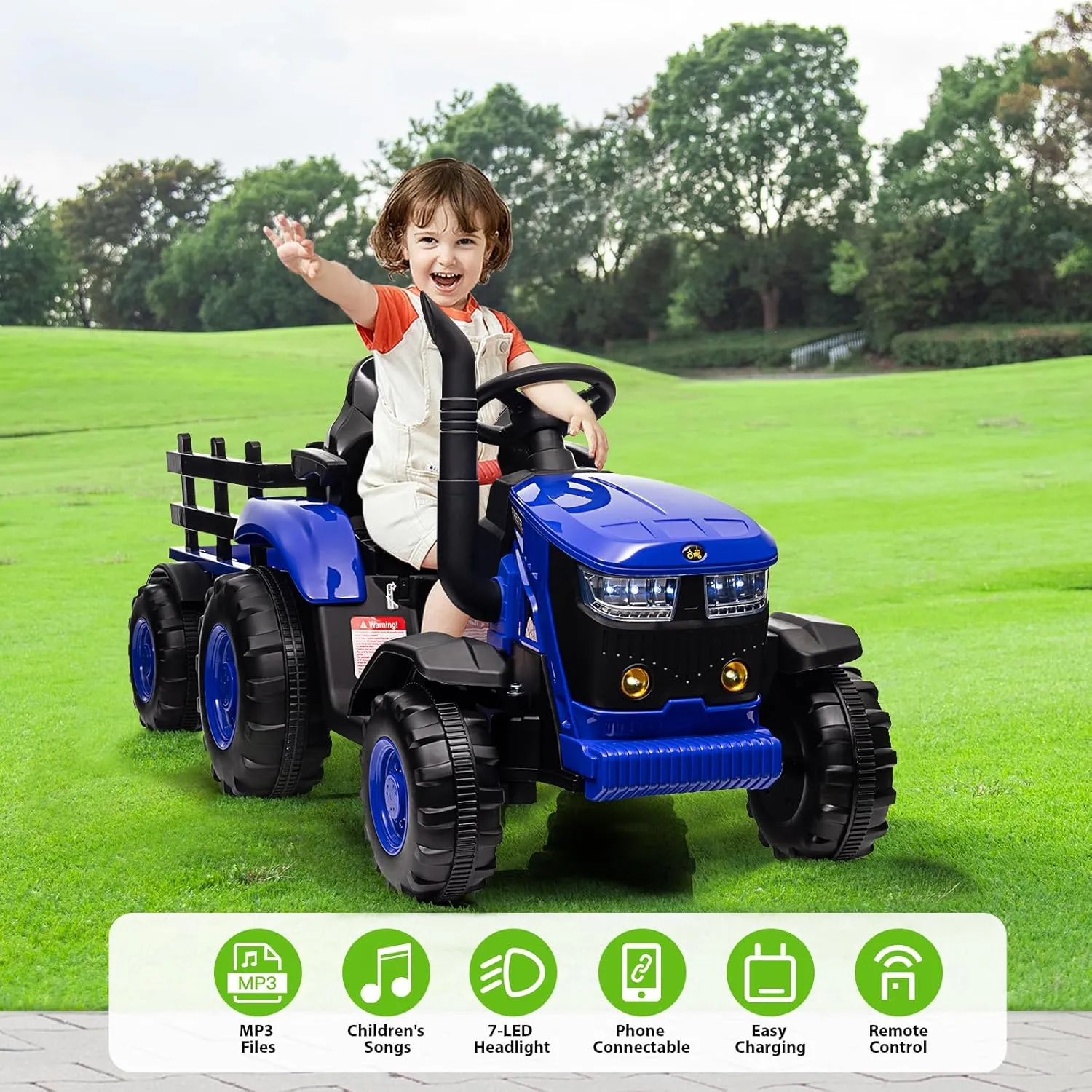 Kids Ride on Tractor with Remote Control, 12V Battery Powered Electric Tractor and 35W Dual Motors for Kids Bluetooth Music/USB, 3-Gear-Shift, Safety Belt, 7-LED Lights, Blue