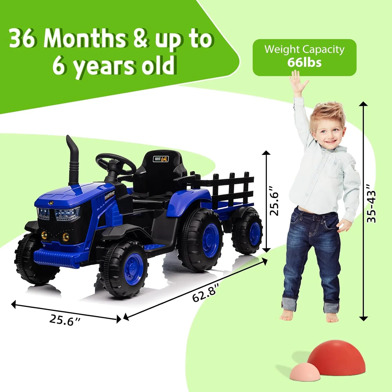 Kids Ride on Tractor with Remote Control, 12V Battery Powered Electric Tractor and 35W Dual Motors for Kids Bluetooth Music/USB, 3-Gear-Shift, Safety Belt, 7-LED Lights, Blue