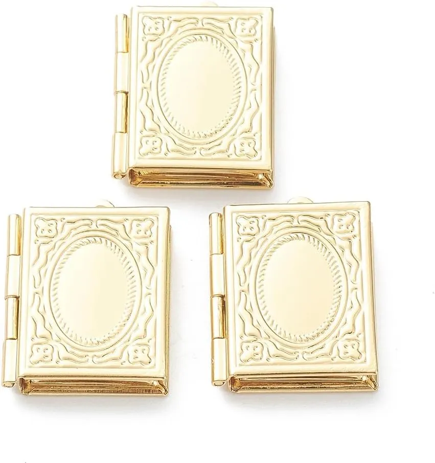 KitBeads 10pcs Brass Rectangle Locket Charms Notebook Photo Frame Charms Real 18K Gold Plated Book Charms for Jewelry Making Necklace Keychains Crafts Bulk
