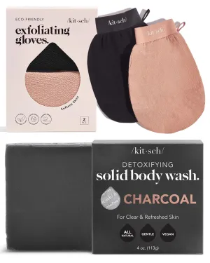 Kitsch Charcoal Soap & Exfoliating Glove Set for Men & Women, Detoxifying Charcoal Bar Soap & Deep Exfoliating Glove, Skin Care Bundle for Clear, Smooth Skin, Sustainable & Zero-Waste, 4oz Bar