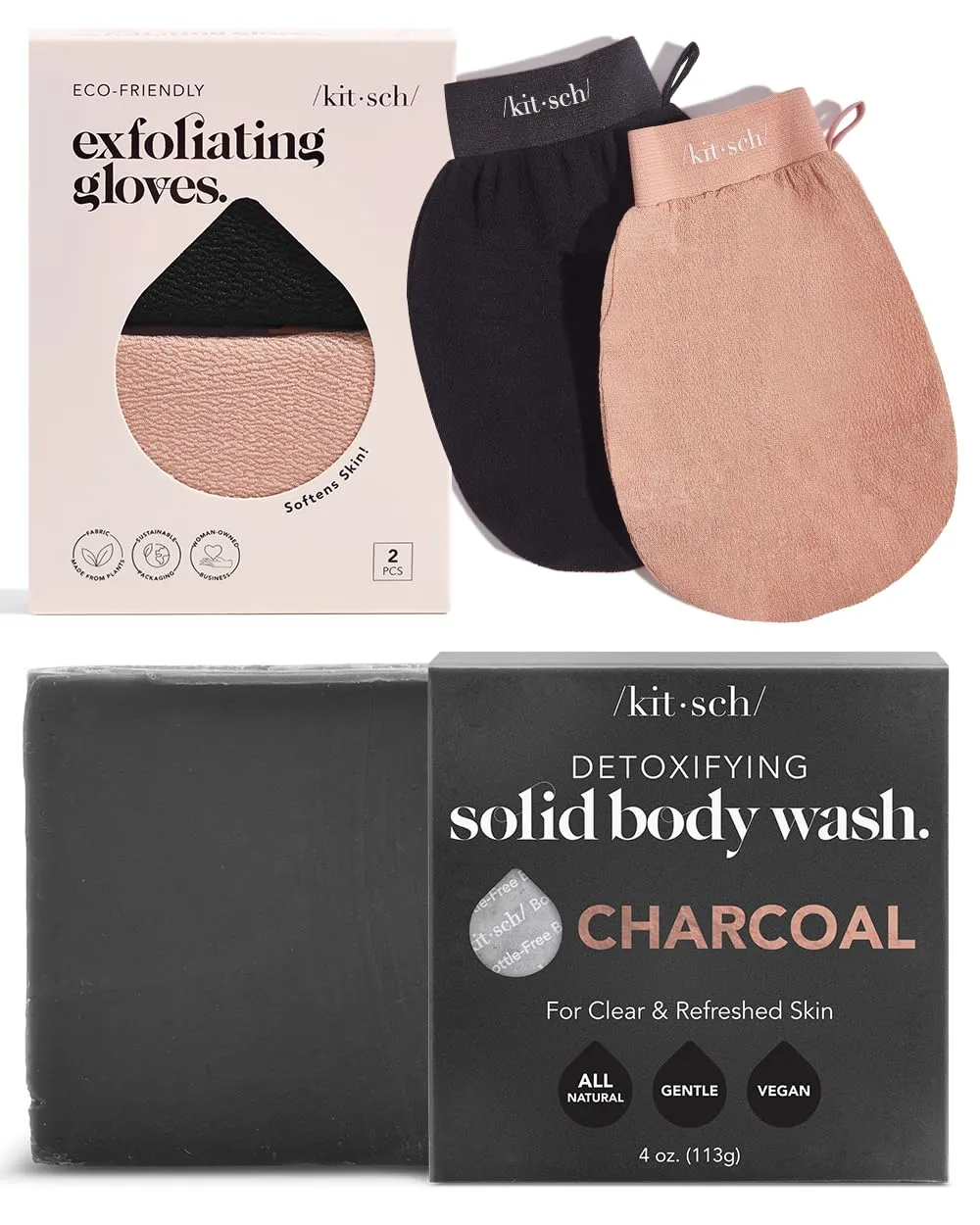 Kitsch Charcoal Soap & Exfoliating Glove Set for Men & Women, Detoxifying Charcoal Bar Soap & Deep Exfoliating Glove, Skin Care Bundle for Clear, Smooth Skin, Sustainable & Zero-Waste, 4oz Bar