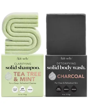 Kitsch Charcoal Soap Bar & Tea Tree Mint Shampoo Bar Bundle – Detoxifying Skin & Hair Care Set – Vegan, Eco-Friendly Bars for Oily Skin & Itchy Scalp – Natural, Sulfate-Free, Zero Waste