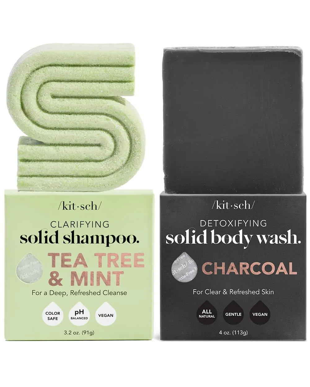 Kitsch Charcoal Soap Bar & Tea Tree Mint Shampoo Bar Bundle – Detoxifying Skin & Hair Care Set – Vegan, Eco-Friendly Bars for Oily Skin & Itchy Scalp – Natural, Sulfate-Free, Zero Waste