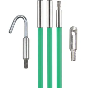 Klein Tools 50159 15-Foot Hi-Flex Glow Fish Rod Set, (3) 5/32-Inch Fiberglass, Adapter, Bullet Nose, Attachments, Splinter Guard Coating