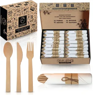 KOELHO'S Bamboo Cutlery Set 48, Prewrapped Cutlery Set Disposable - Silverware Set Disposable 100% Natural - Bamboo Utensils Set - Disposable Cutlery - Bamboo Silverware - Compostable Cutlery