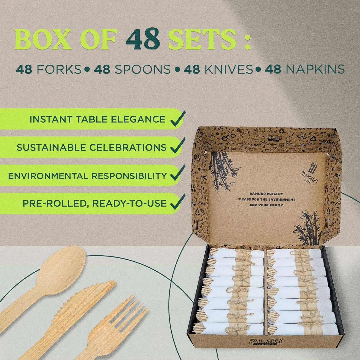 KOELHO'S Bamboo Cutlery Set 48, Prewrapped Cutlery Set Disposable - Silverware Set Disposable 100% Natural - Bamboo Utensils Set - Disposable Cutlery - Bamboo Silverware - Compostable Cutlery