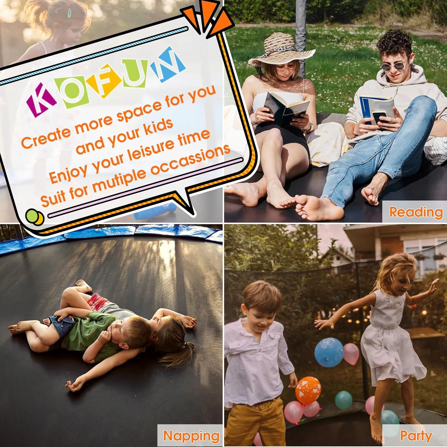 KOFUN 1500LBS Outdoor Tranpoline for Kids and Adults, Tranpolines with Net, Ladder, Easy to Assemble Recreational Tranpoline Backyard Heavy Duty Tranpoline 8FT 10FT 12FT 14FT 16FT