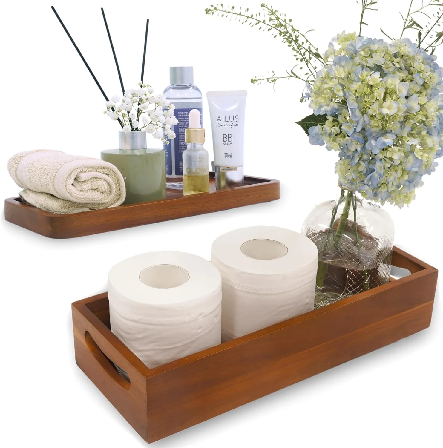 KOLWOVEN Set 2 Wooden Toilet Tray & Vanity Tray from Acacia Wood for Bathroom Counter Organizer and Back of Toilet Tank Topper Paper Hand Towel Tray Decorative Organizer for Bathroom Accessories