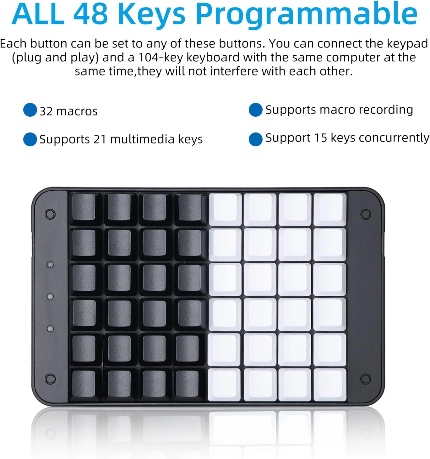 Koolertron One Handed Mechanical Gaming Keyboard, 48 Keys Fully Programmable Mini USB Macro Keyboard with OEM Gateron Red Switch, for Gamers/Designers/Video Editor