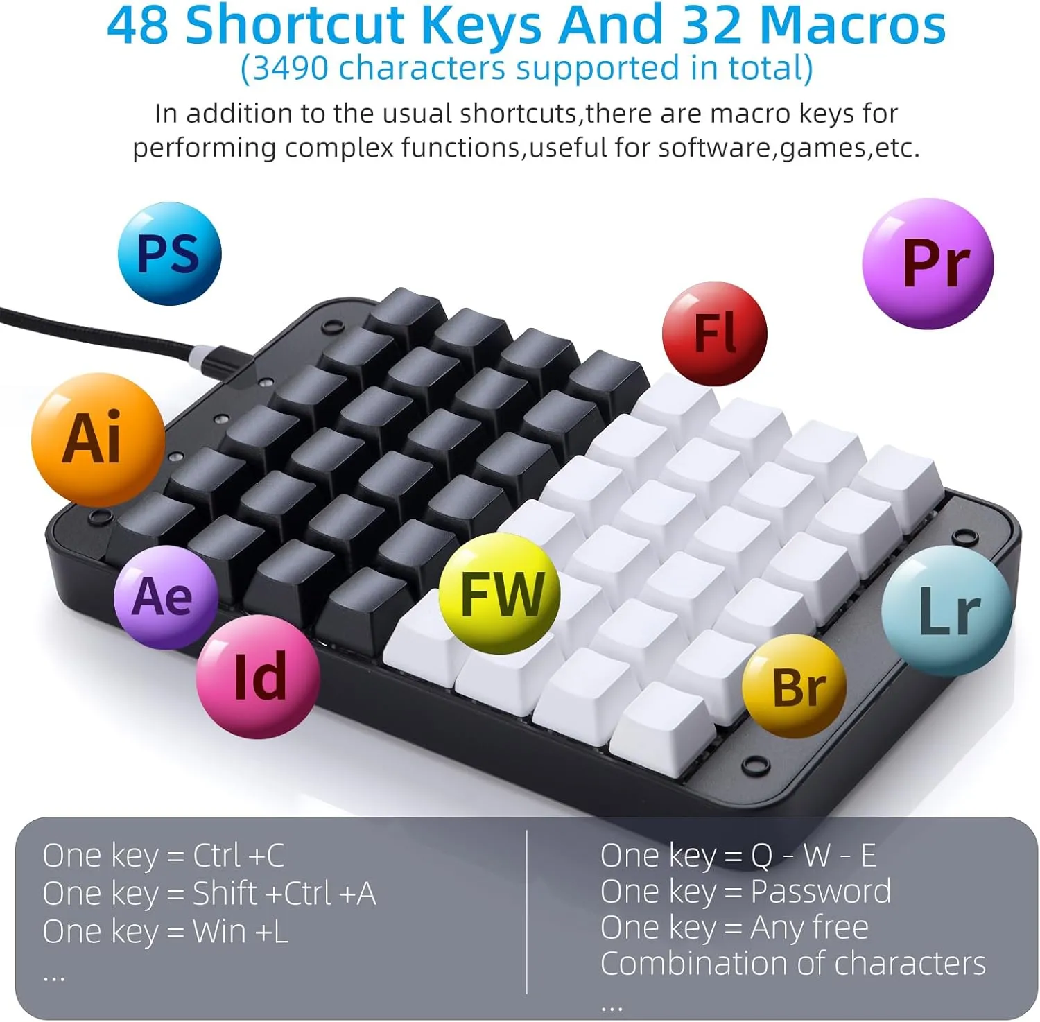 Koolertron One Handed Mechanical Gaming Keyboard, 48 Keys Fully Programmable Mini USB Macro Keyboard with OEM Gateron Red Switch, for Gamers/Designers/Video Editor