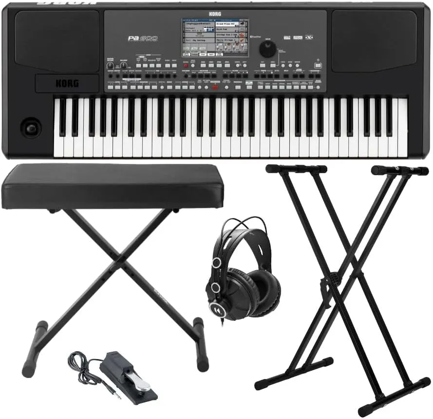 Korg PA600 61-Key Professional Arranger Keyboard with Bench, Pedal and Accessory Bundle