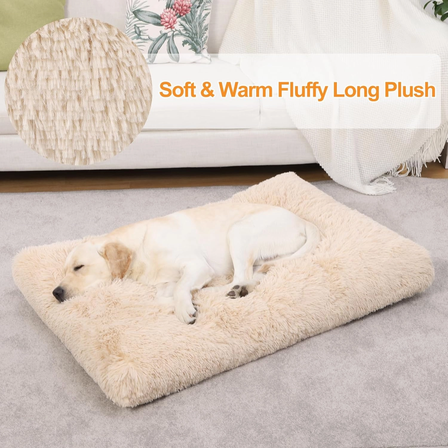 KSIIA Dog Crate Bed Washable Jumbo Dog Beds for Large Dogs Deluxe Plush Fluffy Comfy Thick Kennel Pad Anti-Slip & Anti-Scratch Pet Sleeping Mat, 48 x 29 Inch, Camel