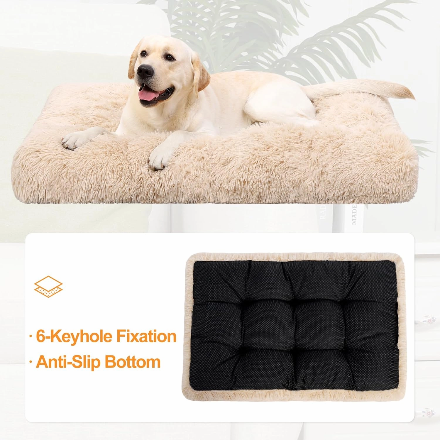 KSIIA Dog Crate Bed Washable Jumbo Dog Beds for Large Dogs Deluxe Plush Fluffy Comfy Thick Kennel Pad Anti-Slip & Anti-Scratch Pet Sleeping Mat, 48 x 29 Inch, Camel